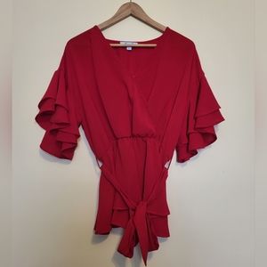 She + Sky Red Ruffle Sleeves Blouse Size Medium